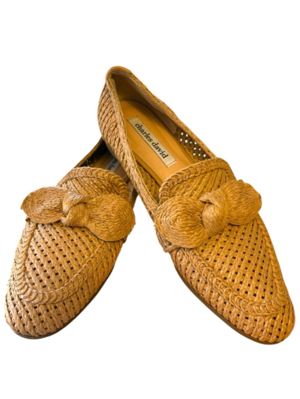Charles David Woven Raffia Bow Loafers, 9.5, Pointed Toe Slip On Resort Chic - Picture 2 of 12